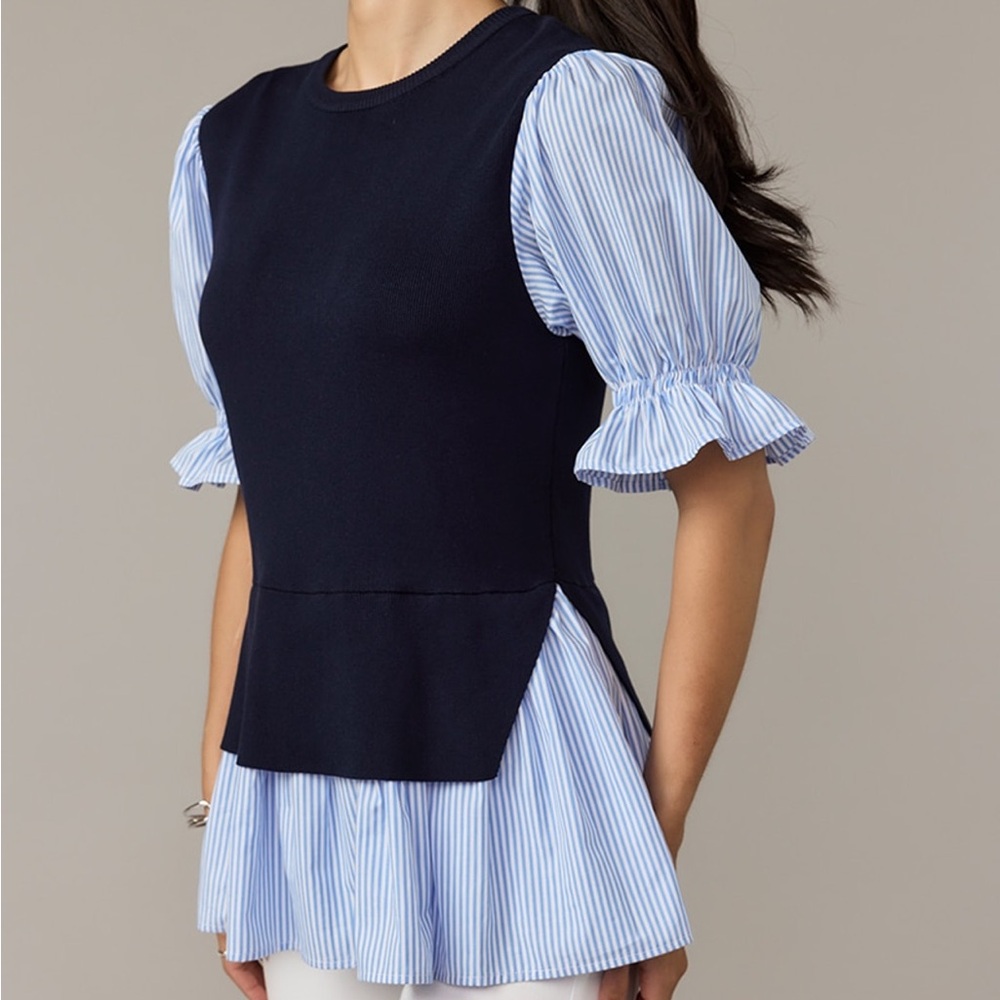 NWT Nina Twofer Blue Striped Half Sleeve Navy Blouse